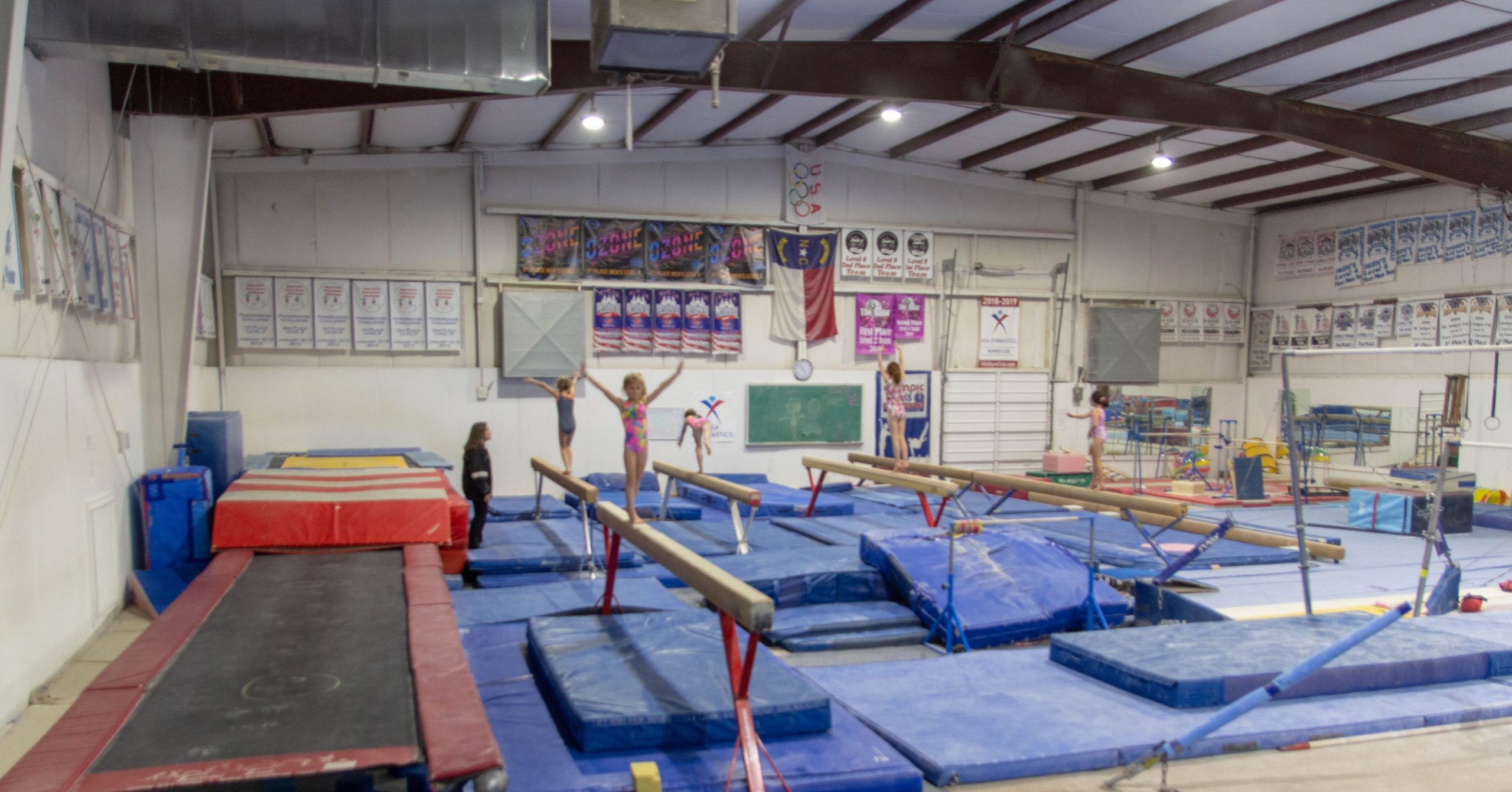 Zenith gymnastics trampoline, beams, and bars, girls team training area